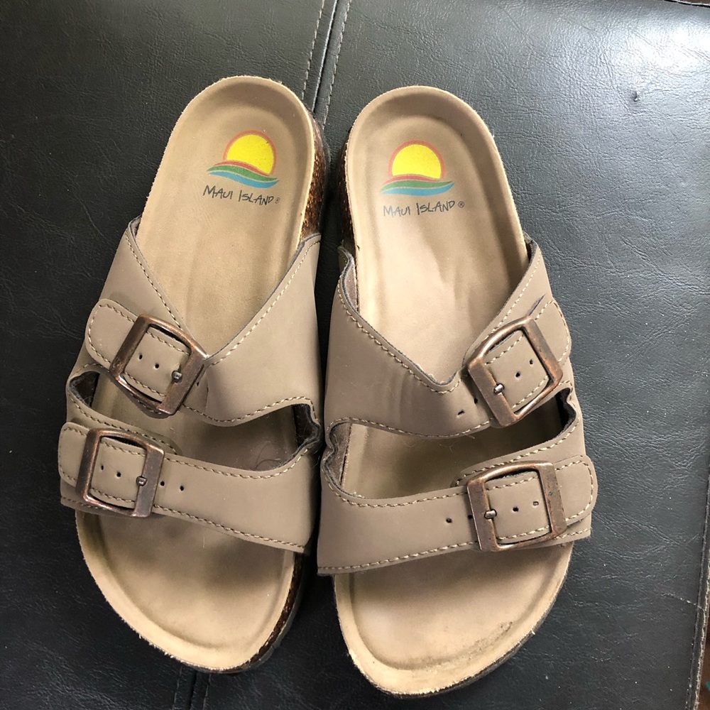 Tan Two-Strap Sandals with Adjustable Buckles